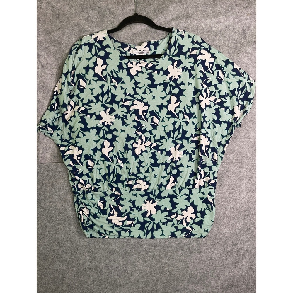 Chicos Floral Dolman Sleeve Top Green Navy Blue Ruched Waist Blouse Womens Sz3XL